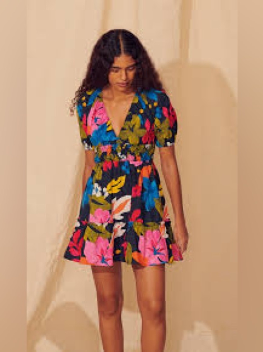 SAYLOR | Black Floral V-Neck Mini Dress with Bright Blooms and Smocked Waist - Picture 1 of 10